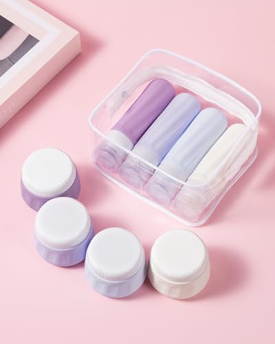 Mrsdry Travel Size Toiletries 8 Pack, TSA Approved 3oz Silicone Squeeze Bottles & Cream Jars with Clear Travel Bag - color: Lavender, size: 3oz bottle 3oz jar