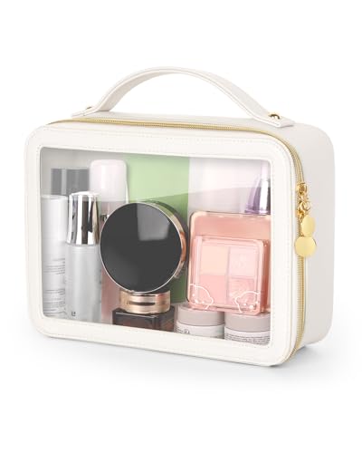 Soimeat Clear Makeup Bag, Portable Travel Cosmetic Bags, Multipurpose Leather Toiletry Bag with Zipper, Waterproof Transparent Cosmetic Organizer for Women, Large, Beige - color: Beige, size: Large