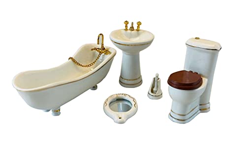 Dollhouse Bathroom Set 5PCS Miniature Porcelain Furniture 1/12 Victorian Dollhouse Furniture White Ceramic Toilet Bathtub Washbasins Decoration Accessory (Golden) - style: Golden