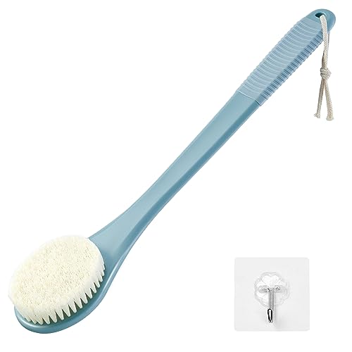 Back Scrubber for Shower, Shower Body Brush for Cleaning with Long Handle for Showering, 17 Inch Back Washer Exfoliator for Shower Men Women with Non-Slip Handle, Adhesive Hook (Blue) - size: Blue - Artificial Bristles