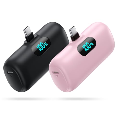 [2 Pack]Portable Charger Power Bank for iPhone 17/16/15,Mini USB C Portable Power Bank 5000mAh Fast Charging Battery Pack Travel Essentials for iPhone 15/16/17 Plus/17 Pro/17 Pro Max,Samsung Android - color: Black+Pink