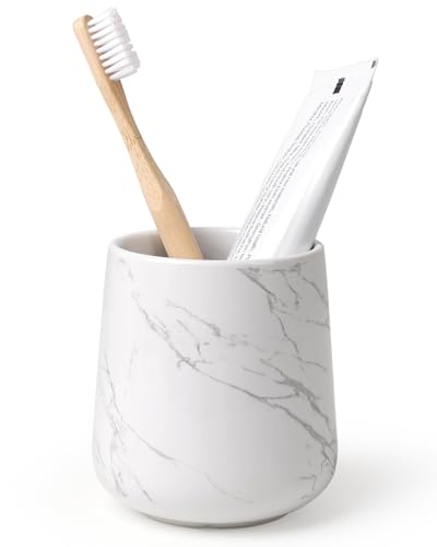 BosilunLife Bathroom Toothbrush Holder - Ceramic Toothbrush Cup Holder 13Oz Marble Toothbrush Holder for Bathroom Toothbrush and Toothpaste Holder for Bathroom Vanity Countertop, Ideal for Home, Hotel - color: Marble-rb, size: rounded base