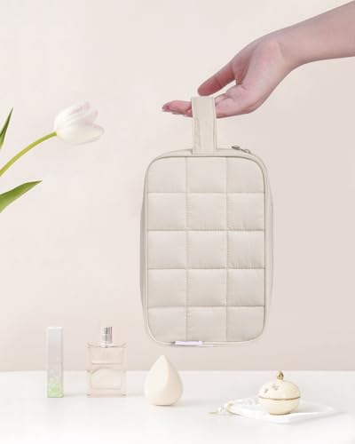 Narwey Quilted Makeup Bag Puffy Make up Bag Cosmetic Bag Organizer, Puffer Travel Toiletry Bag for Traveling Women Girl, Travel Bag for Toiletries, Skincare Medicine Bags (Beige) - color: Y-Beige