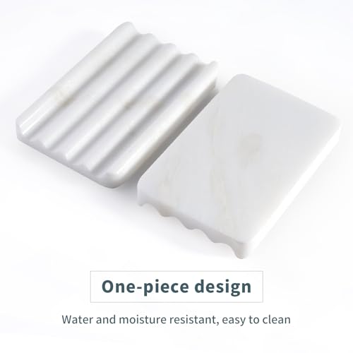 2PCS Koville African Natural Marble Soap Dish for Shower, Stone Soap Tray for Bathroom, Bar Soap Holder for Sink, Stripe Grooves Saver Keep Bars Dry Easy Clean (Namib Bianco) - color: White