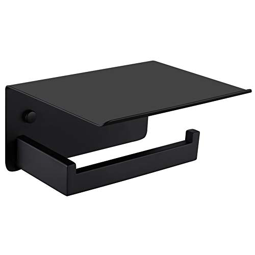 APLusee Toilet Paper Holder with Shelf Matte Black, 304 Stainless Steel Tissue Holder, Wall Mounted - color: Matte Black, size: Single Rod