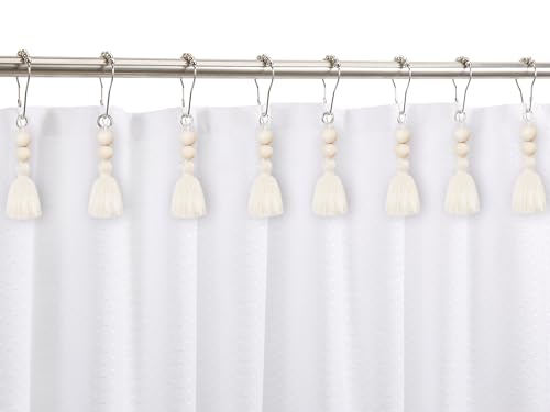 Boho Shower Curtain Hooks Rings Rustproof, CHICTIE Nautical Decorative Shower Curtain Rings with Handmade Wood Beads Tassel, Farmhouse Home Bathroom Bedroom Decor Set of 12 (Natural Cotton) - color: Natural Cotton