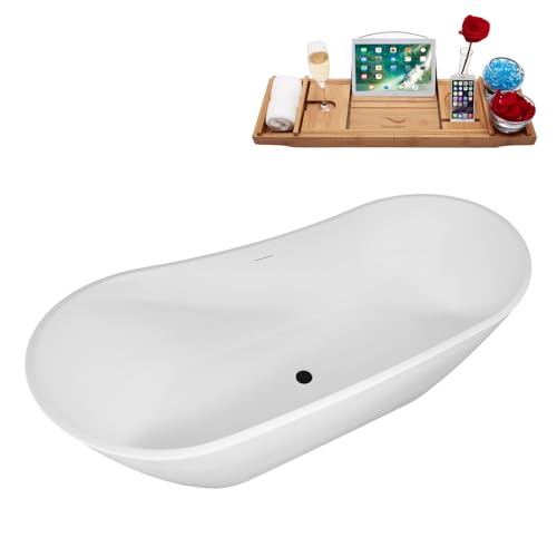 Streamline 75" Freestanding Soaking Bathtub – Glossy White Acrylic Tub with Matte Black Internal Drain and Bamboo Tray – Modern Luxury Design – 85-Gallon Capacity