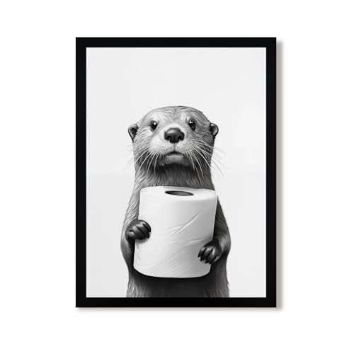 Urmoya Otter Holding Toilet Baper Funny Bathroom Decor Wall Art 12x16 in | Wood frame, Black and white bathroom decor, Otter with toilet roll print, Canvas print, Ready to hang - color: Otter, size: 16"L x 12"W