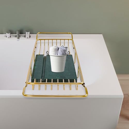 Bathtub Tray for Tub, Metal Expandable Extra Wide Bath Caddy Tray for Bathtub with Natural Marble Groove for Bath Spa (Gold Frame Green Marble Base) - color: Gold Frame Green Marble Base