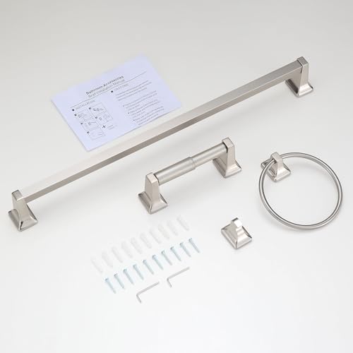 4 Pieces Bathroom Hardware Accessories Set, Stainless Steel 24 inch Towel Bar, Towel Rack, Robe Hook, Toilet Paper Holder for Bathroom Wall Mounted (Brushed Nickel) - color: Brushed Nickel