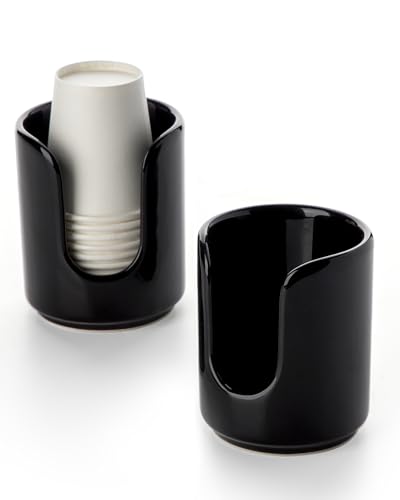 3 oz Original Ceramic Bathroom Cup Dispenser with 5 PLA Paper Cups, Bathroom Essential Accessories for Mouthwash Holder on Bathroom Vanity Countertops (2 Pack, Black) - color: Black, size: 2 Pack