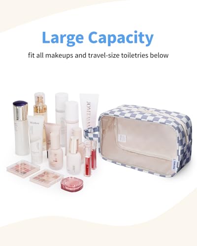 Narwey Clear Toiletry Bags for Traveling Women Men, Clear Travel Bags for Toiletries Makeup Bag Cosmetic Bag with Zipper, Make Up Organizer, Skincare Bag (Grayish Blue Checkerboard) - color: Y-Grayish Blue Checkerboard