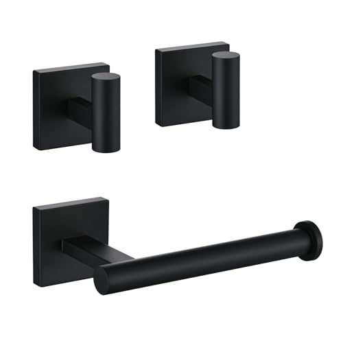 Matte Black Toilet Paper Holder Wall Mount with 2 Towel Hooks, 3 Piece Bathroom Hardware Set, SUS304 Stainless Steel Roll Holder and Robe Hooks for Bathroom, RV, Kitchen - color: Matte Black