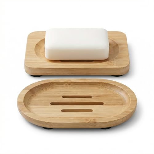 2Pcs Bamboo Soap Dish Wooden Tray Holder for Shower Steamer Bar Soap Dishes Natural Wood Bathroom Kitchen Shampoo Soap Holder 2 Size