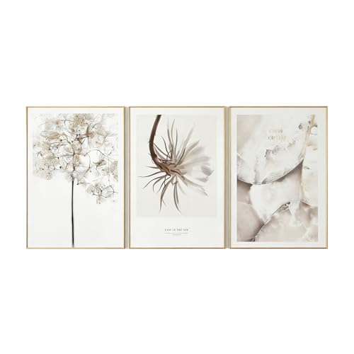 (Freedom. Life. Goals)Bohemian Neutral Wall Art Set of 3, Framed Beige Dandelion, Epiphyllum & Ocean Wave Crystal Prints with Gold Frame, Minimalist Botanical Wall Decor for Living Room Bedroom Bathroom（24 inches *16 inches）