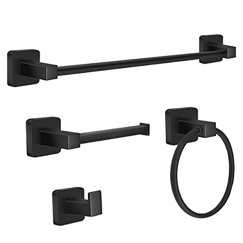 Bathroom Hardware Set 4 Pieces,Stainless Steel Matte Black Towel Bar Set, Includes 24In Towel Bar, Towel Ring, Robe Towel Hooks,Toilet Paper Holder, Bathroom Towel Rack Set - color: Black, size: 24Inch