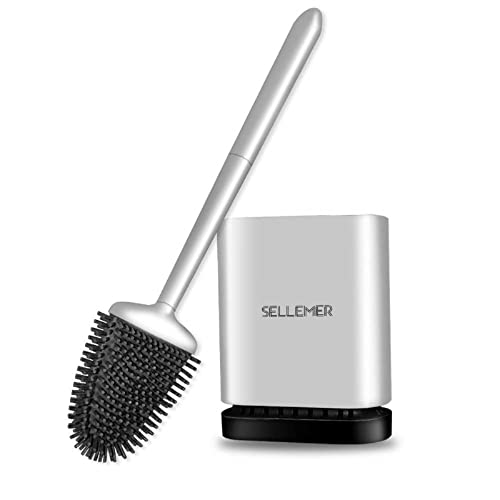 Sellemer Toilet Brush and Holder Set - Flexible Toilet Bowl Brush Head with Silicone Bristles, Compact Size for Storage and Organization, Ventilation Slots Base (1 Pack, Silver) - color: Silver-1pcs