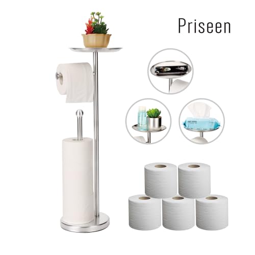 Toilet Paper Holder Stand with Phone Shelf, Freestanding TP Holder, Holds 5 Rolls, Stainless Steel (Brushed Nickel) - color: Brushed Nickel