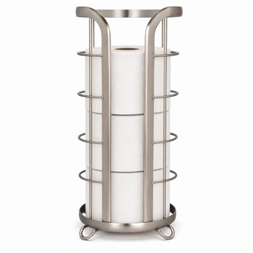 BROOKSTONE Toilet Paper Holder Stand Reserve - Free Standing Toilet Paper Stand with Storage that Holds Mega Rolls, Standing Bathroom Tissue Organizer, Bathroom Decor - Modern Storage Holder, Nickel - color: Nickel