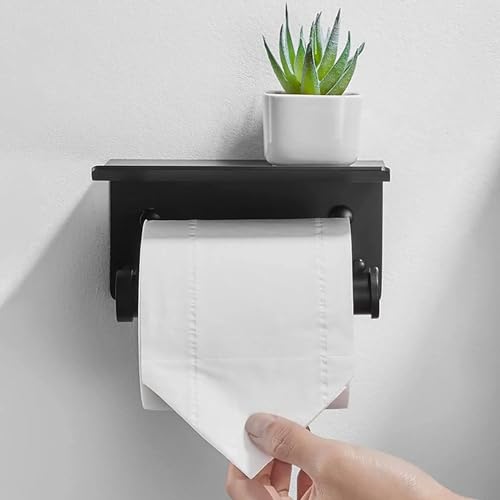 Self Adhesive Toilet Paper Holder with Phone Shelf Stainless Steel（Black Wall Mounted Toilet Paper Roll Holder - Rustproof and Bathroom Washroom Tissue Roll Holder with Storage Shelf, GZJJ-1 - color: Black