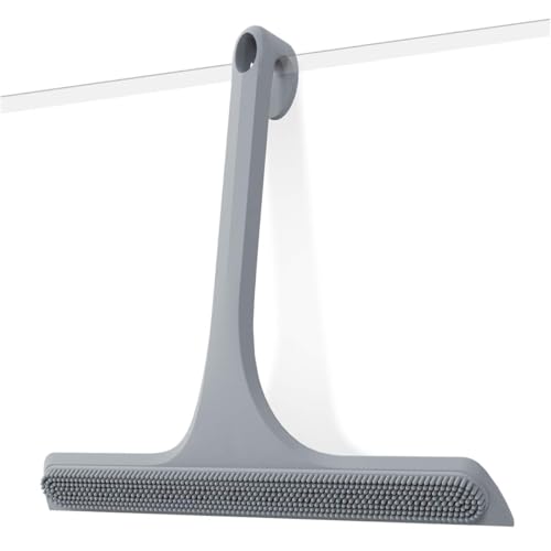 2-in-1 Silicone Shower Squeegee with Hook,Dual-Sided Design with Scraper & Scrub Surface,Rust-Proof Stainless Core,Streak-Free Bathroom Squeegee for Glass Doors,Mirrors,Windows,Car Windshields (Gray) - color: Gray