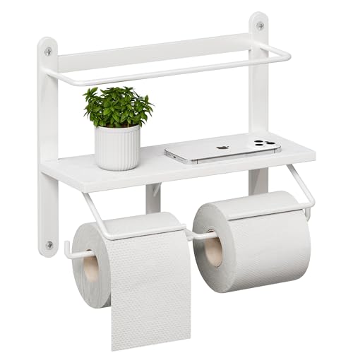 Homeiju Double Toilet Paper Holder with Shelf, Wooden Wall-Mounted Toilet Paper Roll Holder, Wall-Mounted Bathroom Organizer, Double Roll, Suitable for Bathrooms(White) - color: White