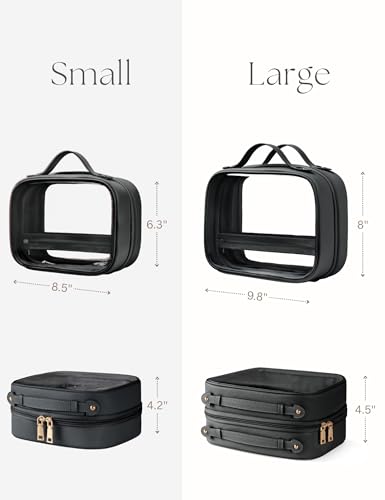 Clear Cosmetic Bag Double Layer Travel Toiletry Bag Clear Makeup Bag Case with 4 Compartments, Transparent Travel Bag for Toiletries, Large Toiletry Bag for Women Cosmetic Case (Black, Small) - color: Black, size: Small