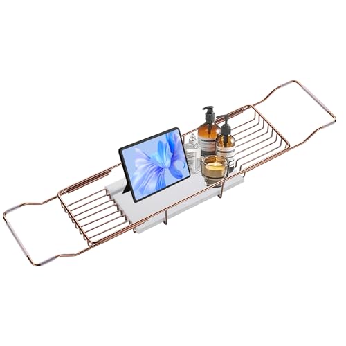 BVL Bathtub Tray Stainless Steel with Marble Base Rose Gold Bathtub Tray with White Marble Base Adjustable & Rustproof Bath Caddy for Spa, Relaxation, Bath Bombs - color: Rose Gold