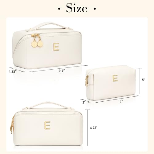 Birthday Gifts for Women Teen Girl, Personalized Initial Makeup Organizer Bag Set, Open Flat Travel Cosmetic Bag With Clear Divider and Handle(Beige,E) - color: Beige, style: E