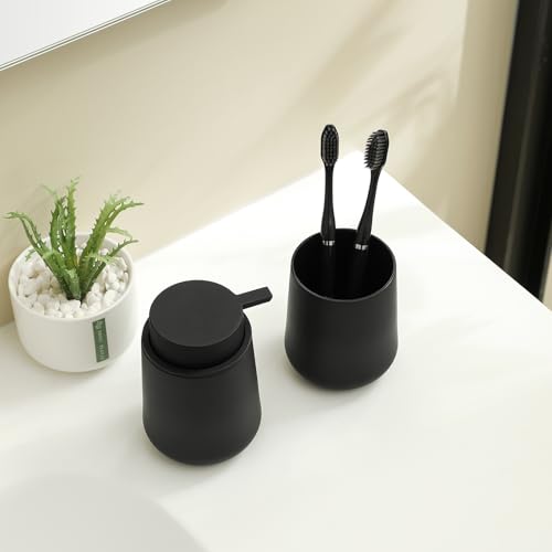 YAUKPH Matte Black Bathroom Accessories 2 Piece Set Plastic Soap Dispenser and Toothbrush Holder for Modern Bathroom Decor - color: Matte Black