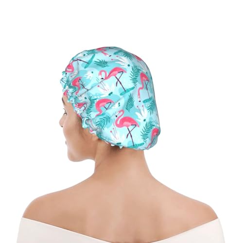 Pink Flamingos Shower Cap For Women Reusable Waterproof Double Layers Bath Cap Hair Protection Elastic Ladies Spa Salon Shower Hat - color: Pink Flamingos