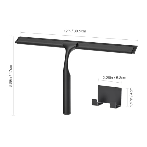 Shower Squeegee for Glass Doors, Shower Squeegee for Tile Shower Walls, Stainless Steel Squeegee for Bathroom, Windows and Mirrors with Storage Hook-12”, Black - color: Black, size: 12