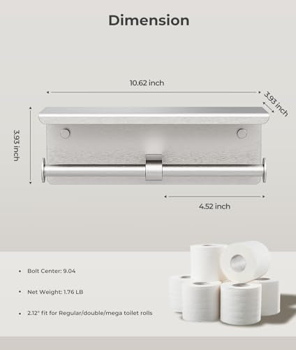 FreshGlow Double Toilet Paper Holder with Shelf, Wall Mount Tissue Roll Holder for Bathroom, 304 Stainless Steel Commercial Toilet Paper Dispenser with Phone Shelf, Brushed Nickel - color: Brushed Nickel