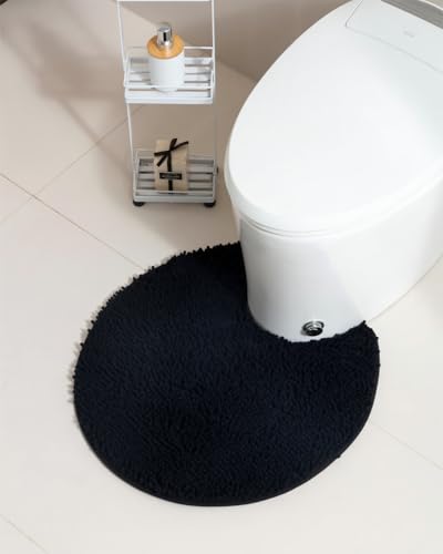 Soft Shaggy Round Toilet Rug U Shaped for Bathroom, Excellent Absorbent Contour Toilet Mat Machine Washable, Non-Slip Microfiber Chenille Bathroom Rugs 24" Black - color: Black