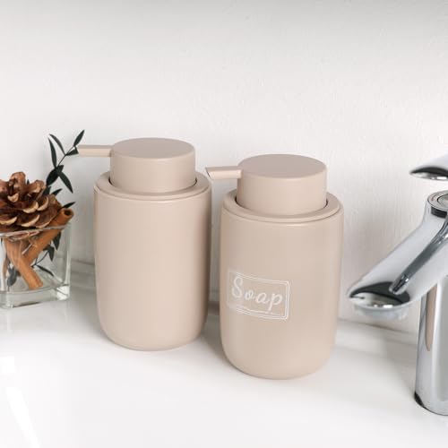 BosilunLife Khaki Soap Dispenser Set - 2 Pack 12oz Ceramic Dish Soap Dispenser with Rust Proof Pump for Kitchen, Hand Soap and Lotion Set Suitable for Farmhouse Bathroom Decor with Waterproof Labels - color: Khaki-liquid Pump