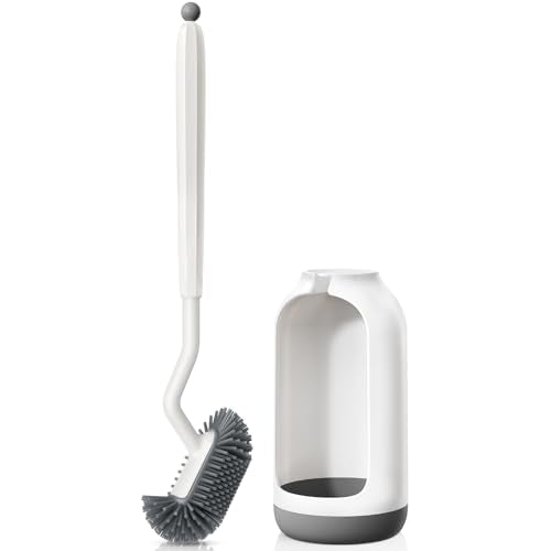 HAMITOR Toilet Bowl Brush Holder Set: Deep Cleaning Silicone Toilet Cleaner Scrubber Under Rim with Curved Bristle for Bathroom Dead Corner Clean - Modern Rv Toilet Decorative Accessories - White - color: White, size: 1Pack