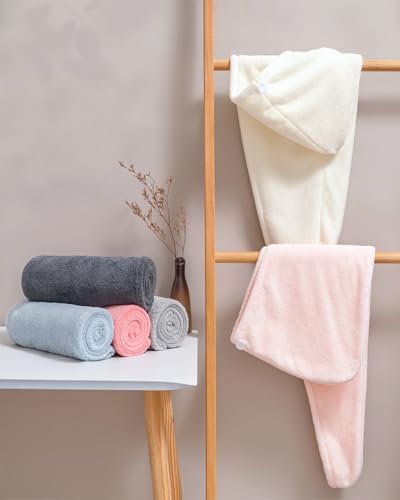 Lumimi Bath Pre Dry Hair Towel 2 Pack - Quick Dry Super Absorbent Lightweight Turban With Button - Drying Wrap for Shower Wellness, Pink Blue - color: Pink+blue