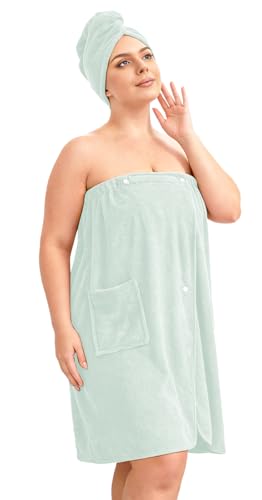 Women’s Plus Size Towel Wrap with Hair Towel (2XL-4XL), Oversized Shower Body Wrap Bathrobe, Soft Quick-Dry Hair Drying Towel for Spa Use Light Green - color: Light Green, size: 2XL-4XL