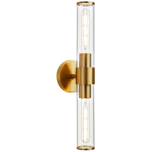 Hardwired Gold Bathroom Vanity Light Clear Glass Wall Sconce | Up & Down Bidirectional Lighting, Damp Rated For Bathrooms, Dimmable, Rustproof Gold Metal, 5-Year Manufacturer Warranty - color: Clear,Gold