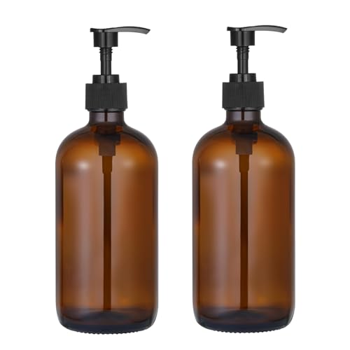 2pcs 16oz Amber Glass Jar Soap Dispenser with Black Plastic Pump, Bathroom Soap Dispenser Set for Farmhouse Home Kitchen Decor (Amber)