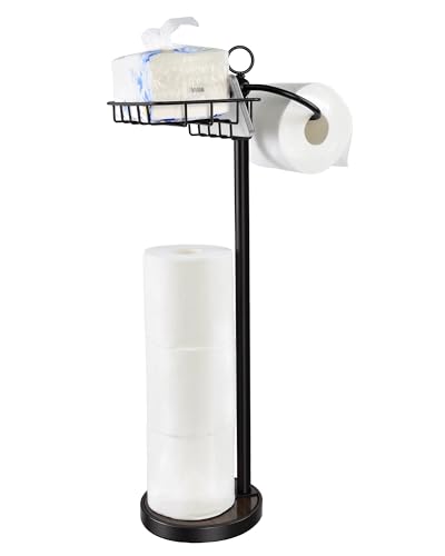 Toilet Paper Holder Free Standing with Basket for Phone & Wet Wipes, Stainless Steel Toilet Paper Holder for 4 Rolls Storage, Stable Weighted Base and Rustproof 23" H for Bathroom (Black) - color: Matte Black