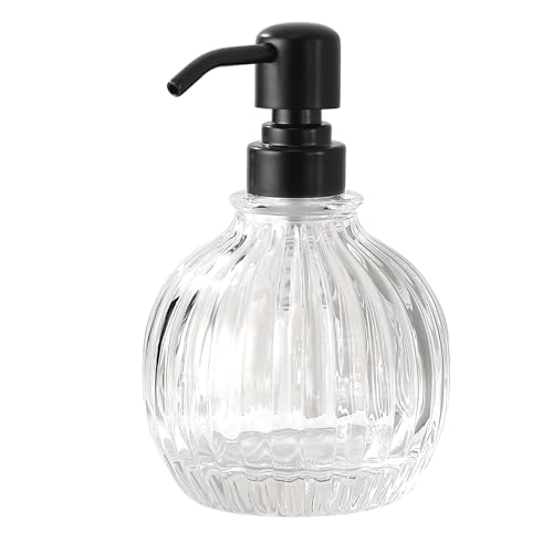 Round Soap Dispenser Bathroom with Black Pump, Glass Pump Bottle with Stainless Steel Pump Liquid Sphere Soap Dispenser Circular Countertop Kitchen - color: Black, size: 11oz-Round