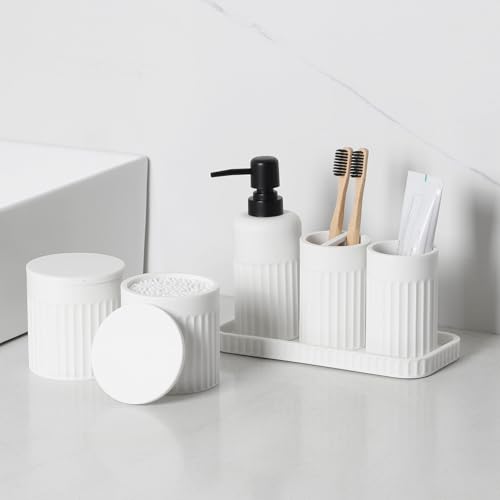 INIUNIK Bathroom Accessory Set - 6 Pieces Bathroom Accessories Set Complete with Soap Dispenser, Toothbrush Holders, Tumbler, Vanity Tray and 2 Qtip Holder for Home Organizer and Decor, White - color: White Sandy Stone