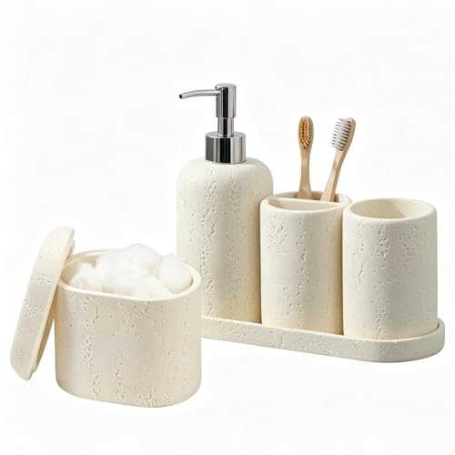 Bathroom Accessories Set, 5PCS, Travertine Stone Look, Off White | Modern, Luxurious, Bathroom Accessory Set with 13.53OZ Soap Dispenser, Tumbler, Toothbrush Holder, Qtip Holder, Vanity Tray - color: Off White