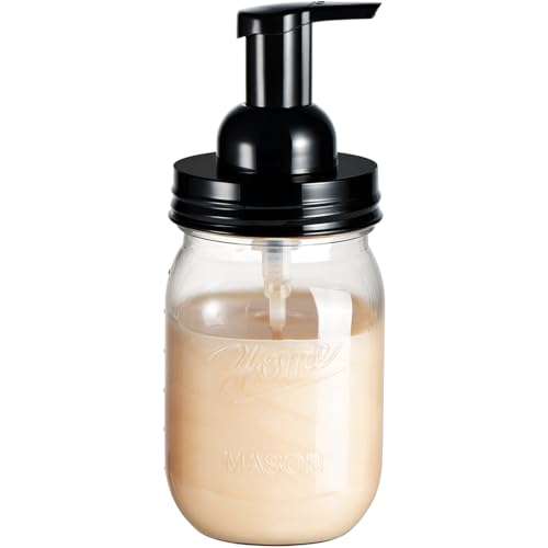 Amolliar Plastic Mason Jar Foaming Soap Dispenser with Pump Lid,16OZ Refillable Hand Soap Dispenser with Cute Lables, Farmhouse Decor for Kitchen/Bathroom, Lotion Dish Soap (1 Pack, Black) - color: Clear Jar With Black Pump, size: 1 Pack