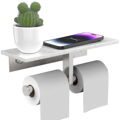 BWE Double Toilet Paper Holder with Shelf, Wall Mounted Tissue Roll Holder for Bathroom, Commercial Toilet Paper Dispenser, Marble Toilet Paper Storage Holder with Phone Shelf (Brushed Nickel) - color: Double Brushed Nickel
