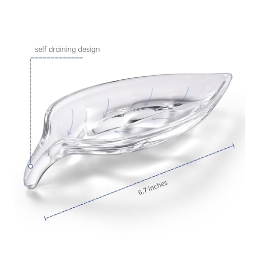 Self Draining Leaf Clear Glass Soap Dish,Bar Soap Holder | Decorative Leaf shape Soap Dish for Shower,Soap Tray,Soap Holder for Bathroom Sink,Vanity&Kitchen,Modern Bathroom Accessory.
