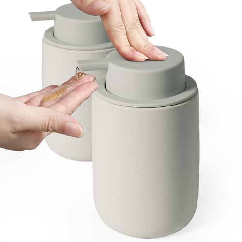INGOFIN Ceramic Lotion Soap Dispenser Set, 2 Pack (12 oz) Bathroom Hand Soap Dispenser with Pump, Liquid Hand and Dish Soap Dispenser Set, 8 Pcs Clear Stickers,for Kitchen, Bathroom- Grey - color: Grey-liquid