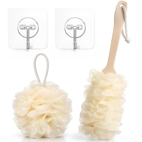 4 Pcs Back Scrubber Showers Set Bath Sponge Loofah Back Scrubber for Men Women Bathing Accessories Includes 1 Long Handled Shower Sponge 1 Bath Shower Luffa Pouf 2 Hooks to Hang Stuff