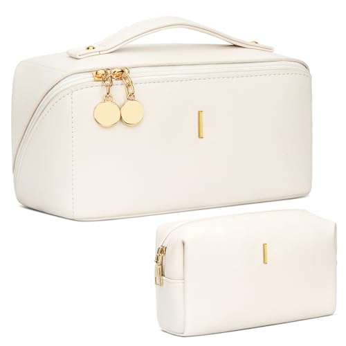 Birthday Gifts for Women Teen Girl, Personalized Initial Makeup Organizer Bag Set, Open Flat Travel Cosmetic Bag With Clear Divider and Handle(Beige,I) - color: Beige, style: I